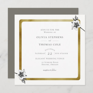 Modern Square Gold Xmas Roses Christmas Wedding Invitation
