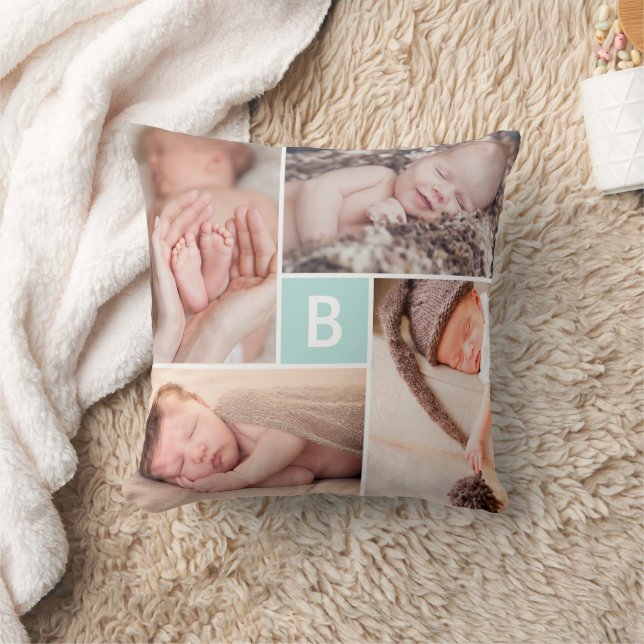 Modern Square Grid Blue Monogram 4 Photo Collage Cushion (Blanket)