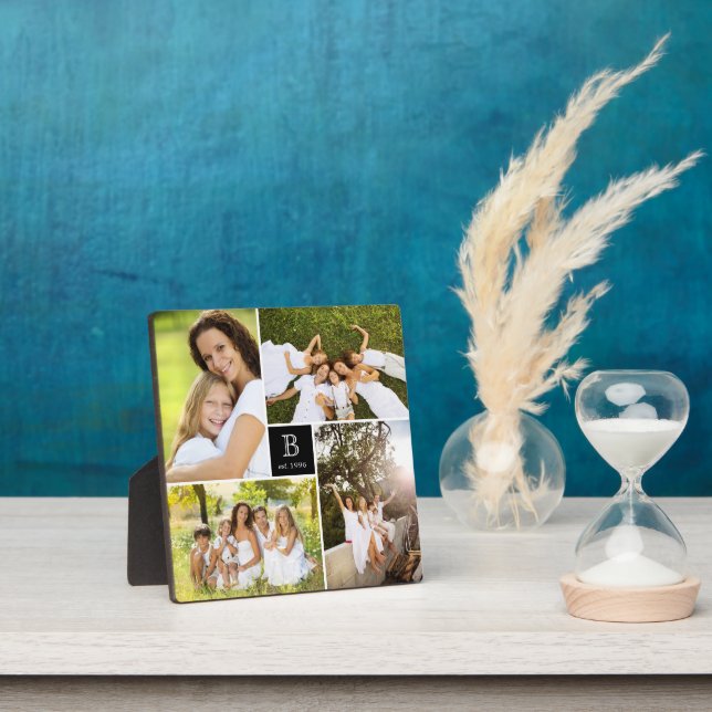 Modern Square Grid Family Monogram 4 Photo Collage Plaque (Insitu)