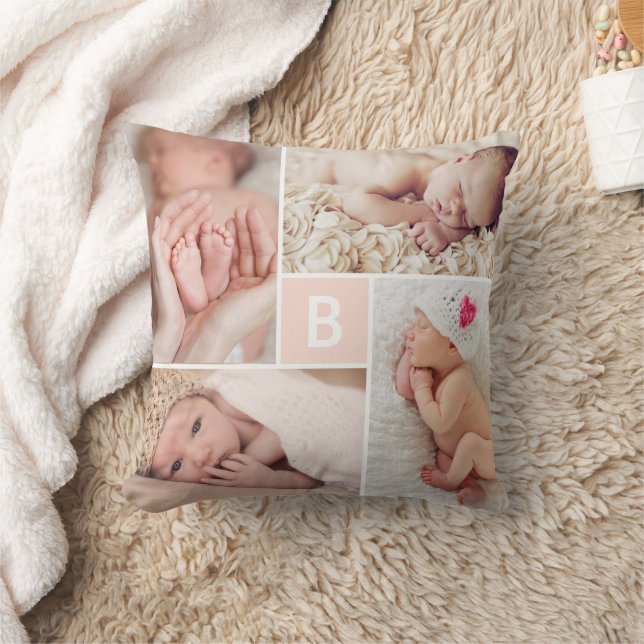 Modern Square Grid Pink Monogram 4 Photo Collage Cushion (Blanket)