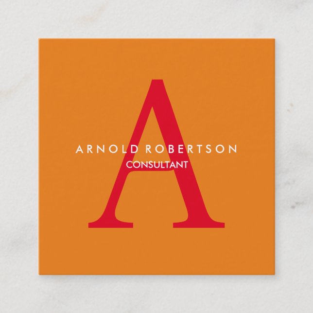 Modern Square Monogram Trendy Orange Red Square Business Card (Front)
