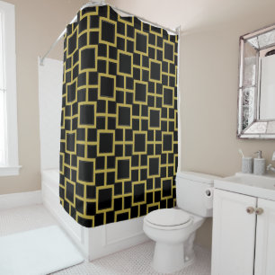 Modern Square Pattern Gold on Black Shower Curtain