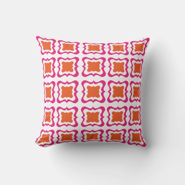 Modern Square Repeat Pattern Hot Pink Orange White Cushion (Front)