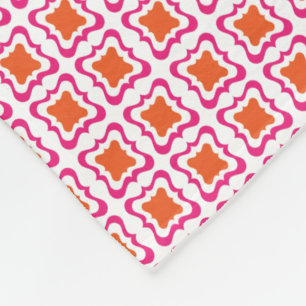 Modern Square Repeat Pattern Hot Pink Orange White Fleece Blanket