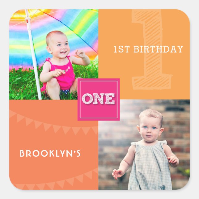 Modern Square Sketch One Girl 1st Birthday Photo Square Sticker (Front)