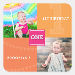 Modern Square Sketch One Girl 1st Birthday Photo Sticker