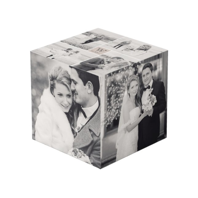 Modern Square Wedding Monogram 8 Photo Collage Cube (Front Angled)