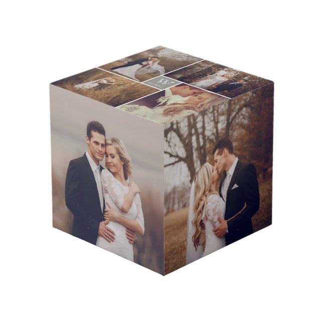 Modern Square Wedding Monogram 8 Photo Collage Cube (Front Angled)