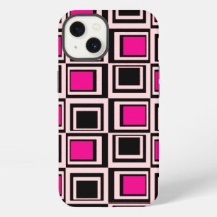 Modern squares, light pink, hot pink and black iPhone 13 case