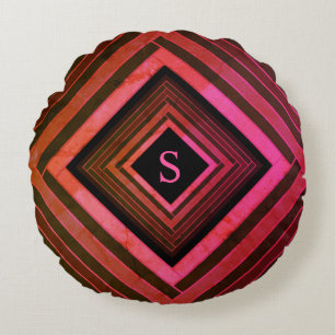 Modern Squares Rustic Pink Geometric Monogram Round Cushion