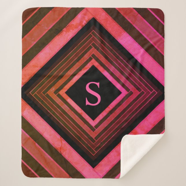 Modern Squares Rustic Pink Geometric Monogram Sherpa Blanket (Front)