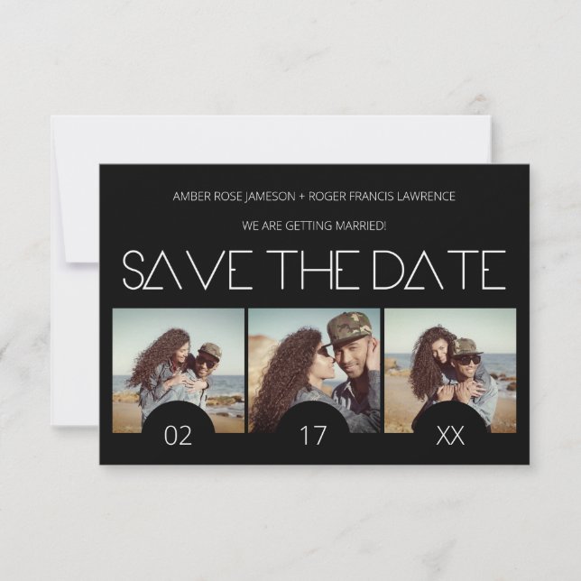 Modern Sript Elegant Romantic Three Photos Engaged Save The Date (Front)