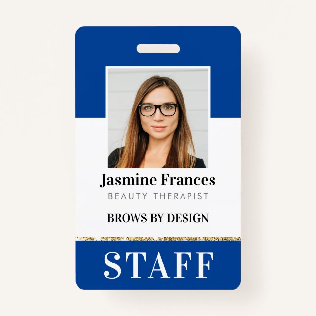 MODERN STAFF PHOTO ID work chic design blue ID Badge (Front)