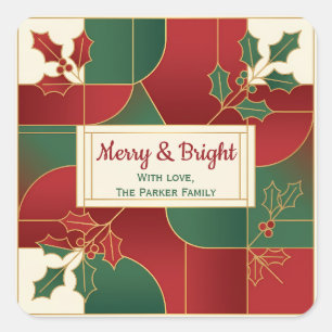 Modern Stained Glass Holly Holly Merry & Bright Square Sticker