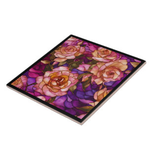 Modern Stained Glass Roses Elegant Collection Tile