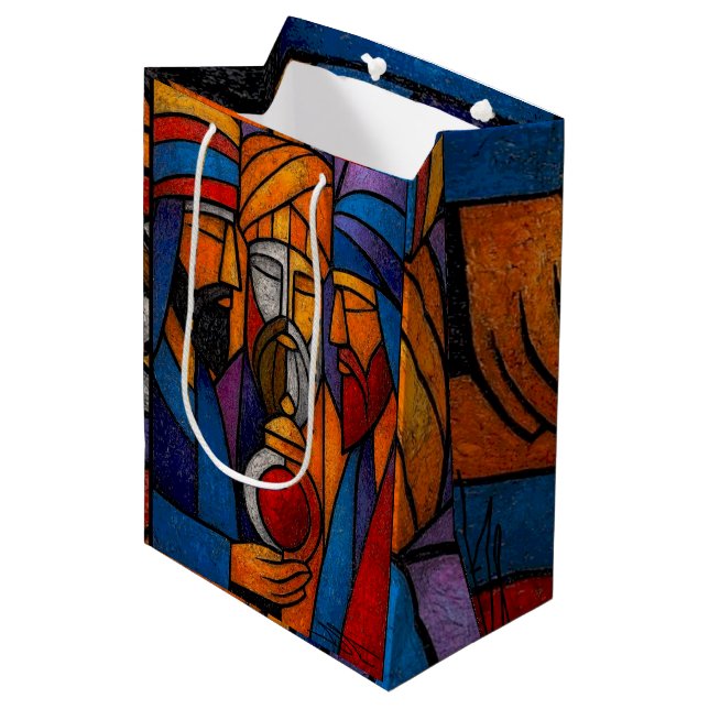 Modern Stained Glass Three Wise Men Medium Gift Bag (Front Angled)
