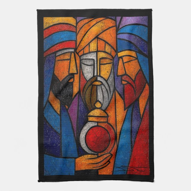 Modern Stained Glass Three Wise Men Tea Towel (Vertical)