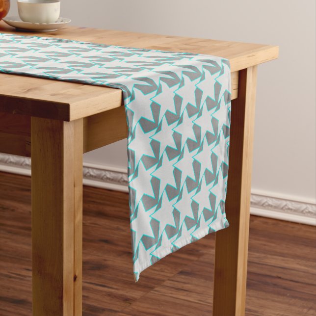 Modern Star Geometric, Grey and Turquoise Short Table Runner (In Situ)