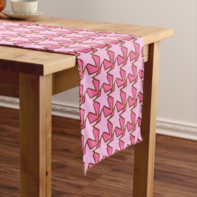 Modern Star Geometric Pattern, Coral & Pastel Pink Short Table Runner (In Situ)