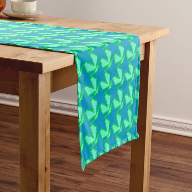 Modern Star Geometric Pattern, Jade Green and Blue Short Table Runner (In Situ)
