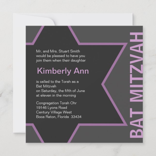 Modern Star of David Bat Mitzvah -Gray & Pink Invitation (Front)
