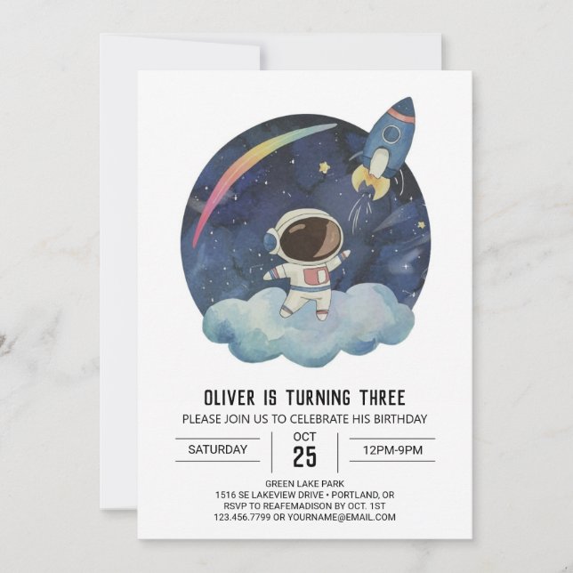 Modern Star Printable Astronaut Boy Birthday Invitation (Front)