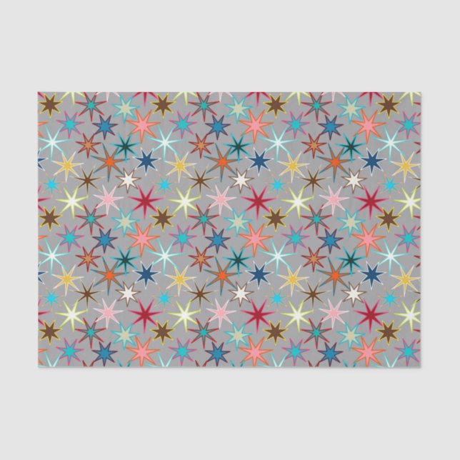 Modern Starburst Print, Jewel Colours on Grey Tissue Paper (Front)