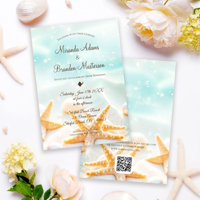 Modern Starfish Shells QR Code Ocean Beach Wedding Invitation (Creator Uploaded)