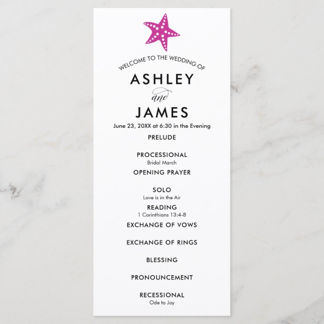 Modern Starfish Wedding Ceremony Program, Fuchsia Programme (Front)
