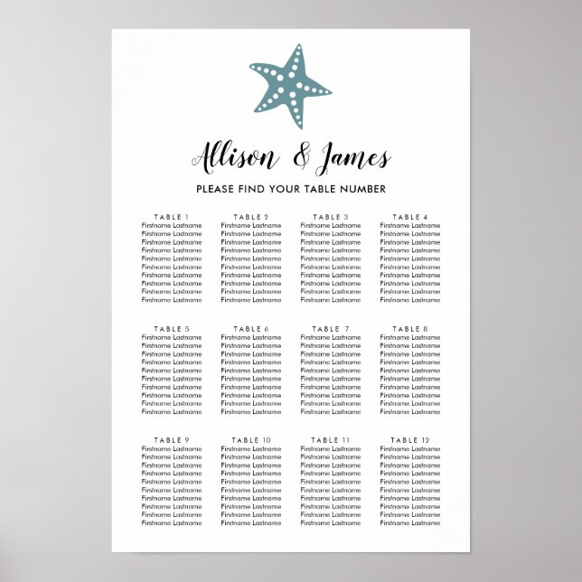 Modern Starfish Wedding Seating Chart, Blue Grey Poster (Front)