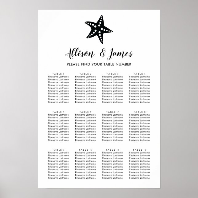 Modern Starfish Wedding Seating Chart Sign (Front)
