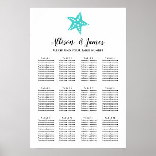 Modern Starfish Wedding Seating Chart Sign, Aqua
