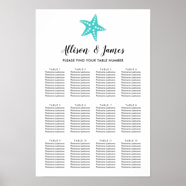 Modern Starfish Wedding Seating Chart Sign, Aqua (Front)