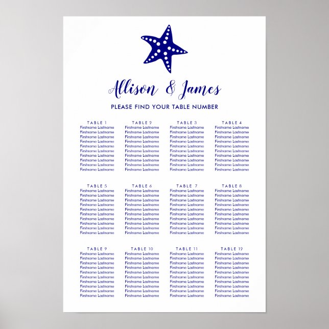 Modern Starfish Wedding Seating Chart Sign, Navy (Front)