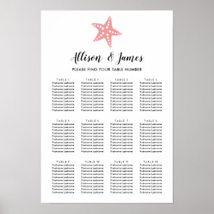 Modern Starfish Wedding Seating Chart Sign, Pink