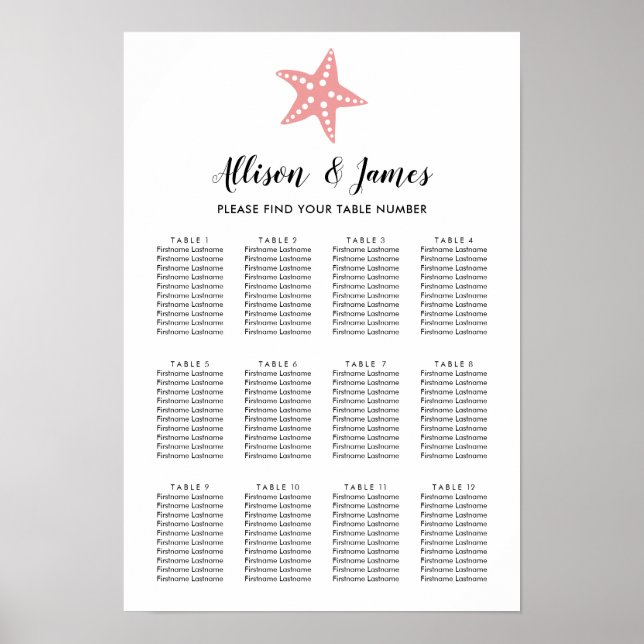 Modern Starfish Wedding Seating Chart Sign, Pink (Front)