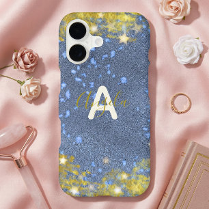 Modern Starry Glittery Blue Faux Gold Monogram