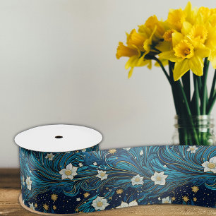 Modern Starry Night & White Lily Floral Satin Ribbon