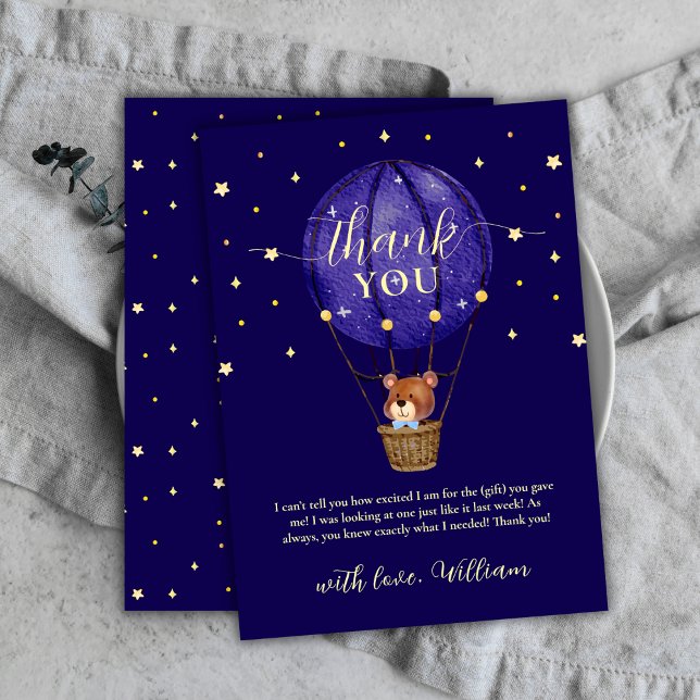 Modern Stars Bear Hot Air Balloon Boy Baby Shower Thank You Card (Modern Stars Bear Hot Air Balloon Boy Baby Shower Thank You Card)