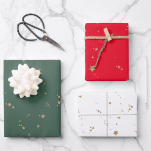 Modern Stars Minimalist White Green Red Holiday Wrapping Paper Sheet