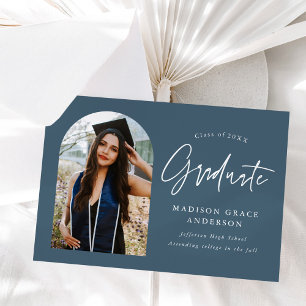 Modern Steel Blue Arch Photo Graduation Announcement