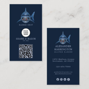 Modern Steel Shark Barber Shop Logo Qr Code Business Card