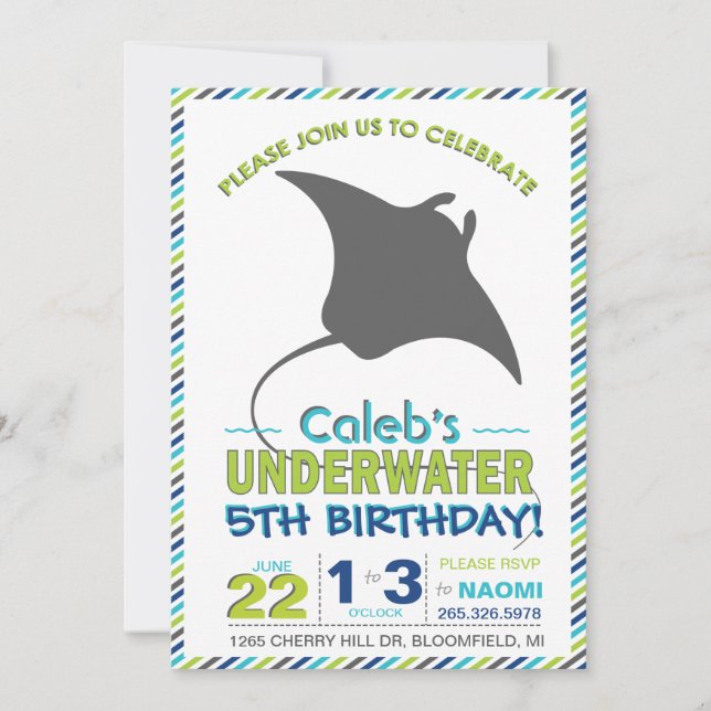Modern Sting Ray Navy Blue and Green Invite (Front)