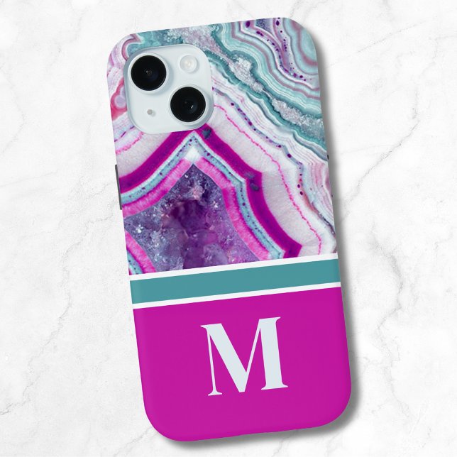 Modern Stone Initial Monogram Case-Mate iPhone Case (Stylish Modern Teal Magenta Stone Initial Monogram iPhone 15 Case)