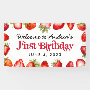 Modern Strawberry Kids First Birthday Welcome Banner