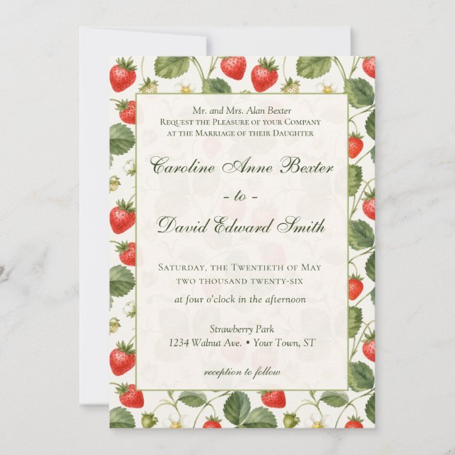 Modern Strawberry Summer Fruit Botanical Wedding Invitation (Front)