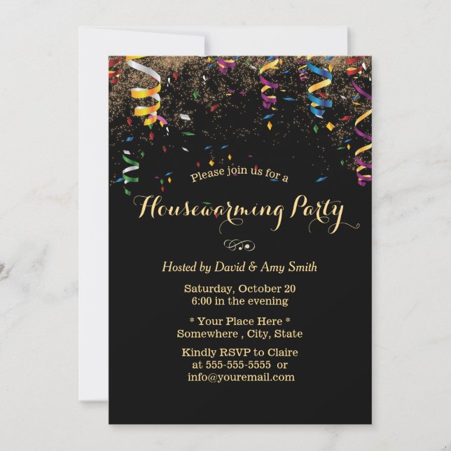 Modern Streamers & Confetti Housewarming Party Invitation (Front)