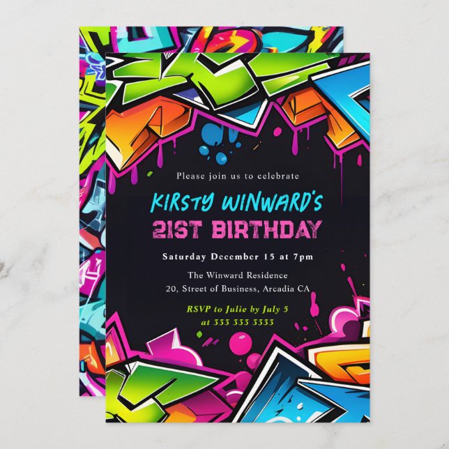 Modern Street Art Graffiti 21st Birthday Invitation (Front/Back)