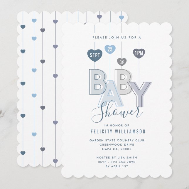 Modern String Blue Baby Letters Hearts Baby Shower Invitation (Front/Back)