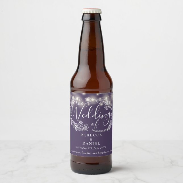 Modern String Lights Floral Purple Wedding Beer Bottle Label (Front)